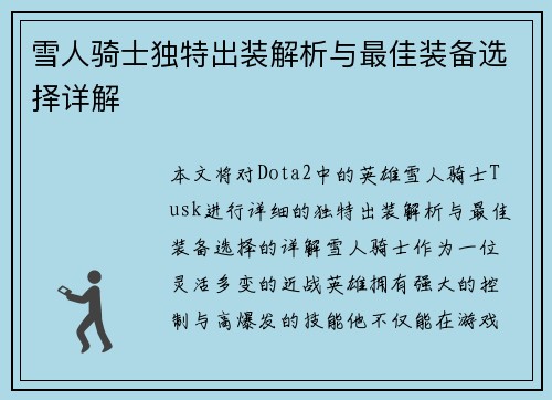 雪人骑士独特出装解析与最佳装备选择详解